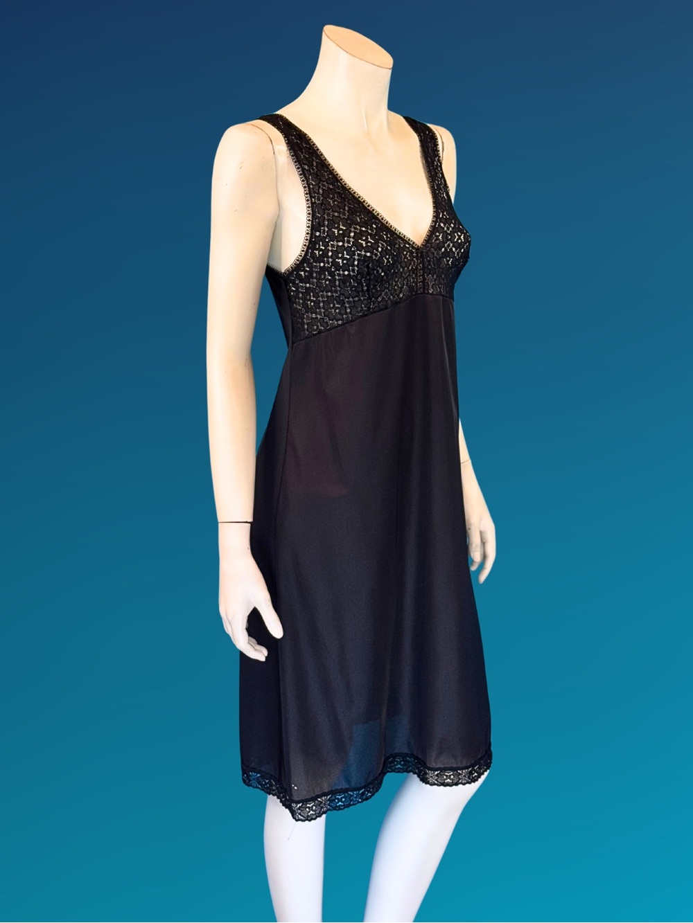 Vintage 60s 70s Black Lace Nylon Full Slip Dress | S M